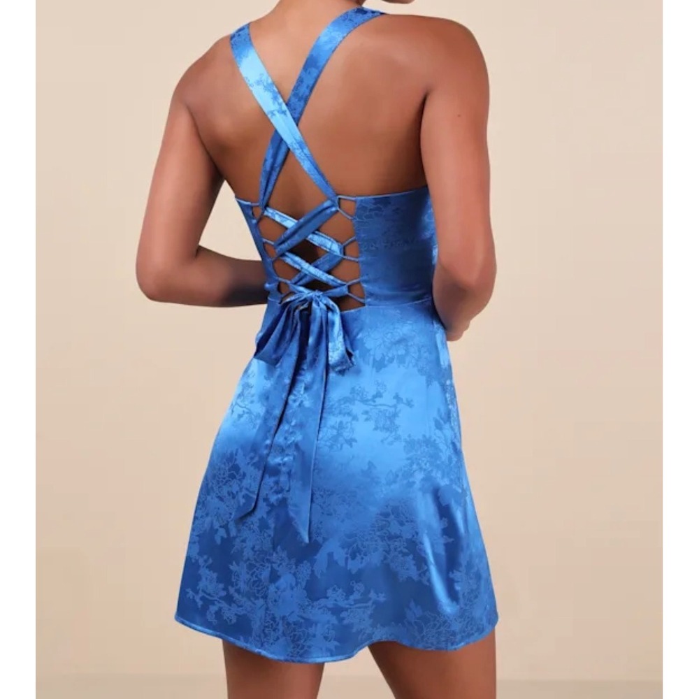 Lulus Exquisite Outlook Royal Blue Floral Jacquard Satin Lace Up Mini Dress S - Picture 2 of 12